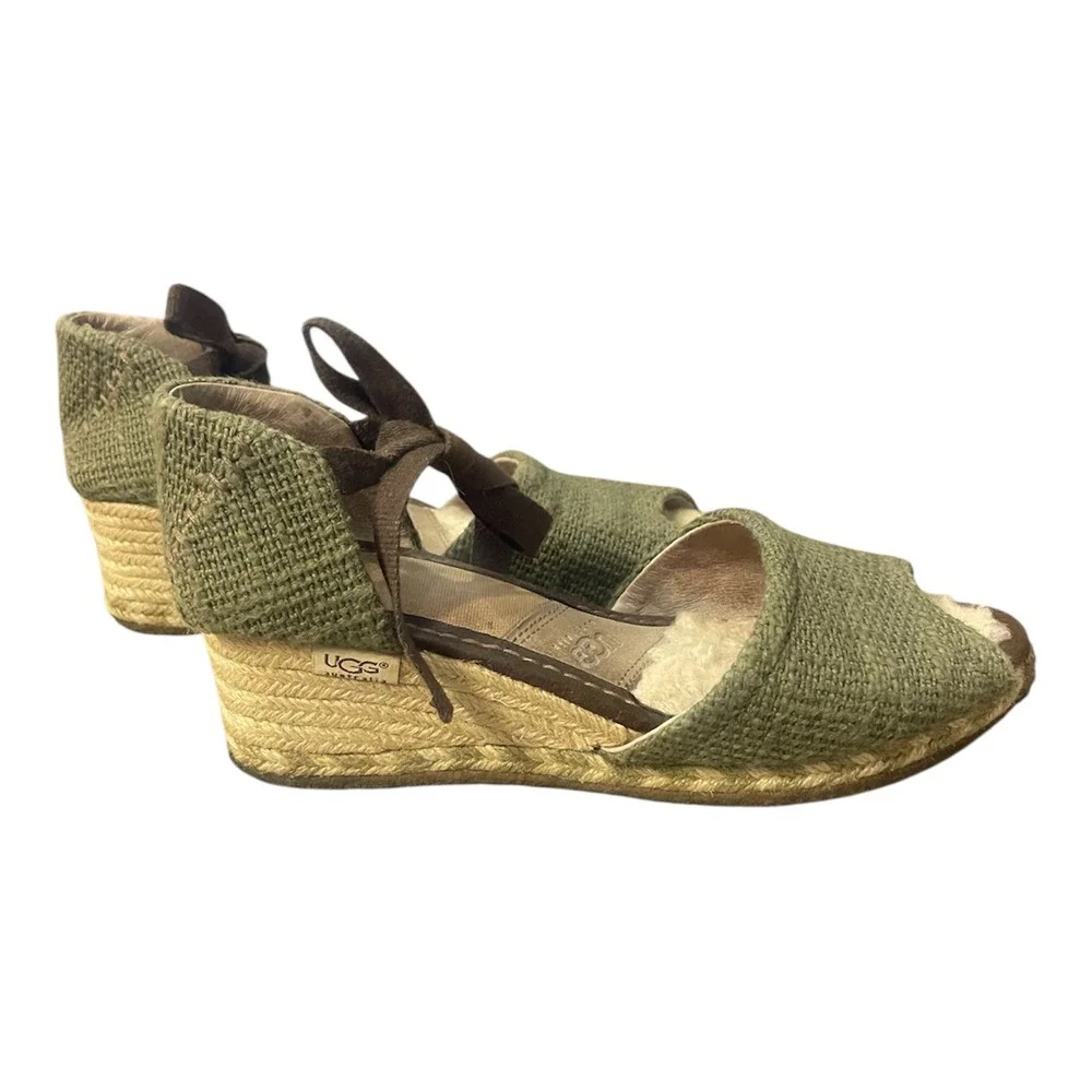 UGG Australia Lucianna Green Woven Espadrille Wedge Sandals Ribbons Size 8